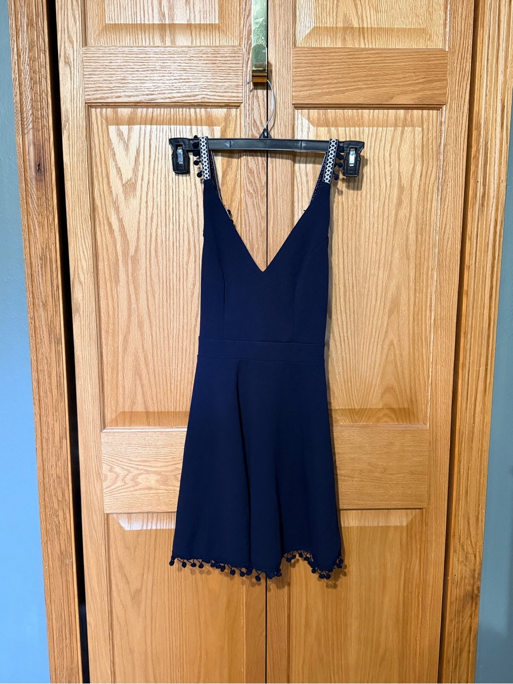 Navy Blue Mini Dress with Pom Pom Trim - Size Small